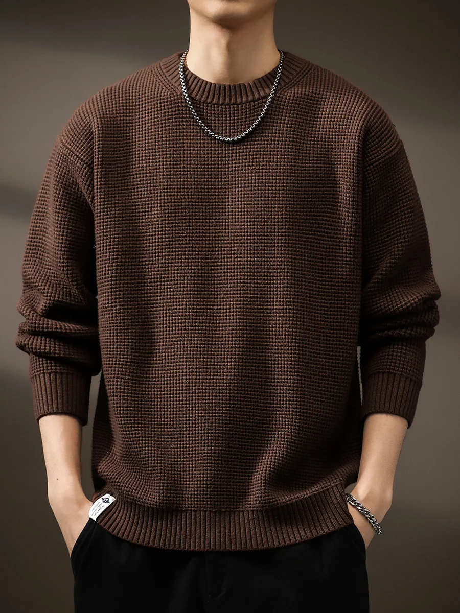 

Мужской свитер в американском ретро-стиле, свободного кроя, с круглым вырезом, удобный, вязаный, для повседневной носки, с флисовой подкладкой, с длинными рукавами