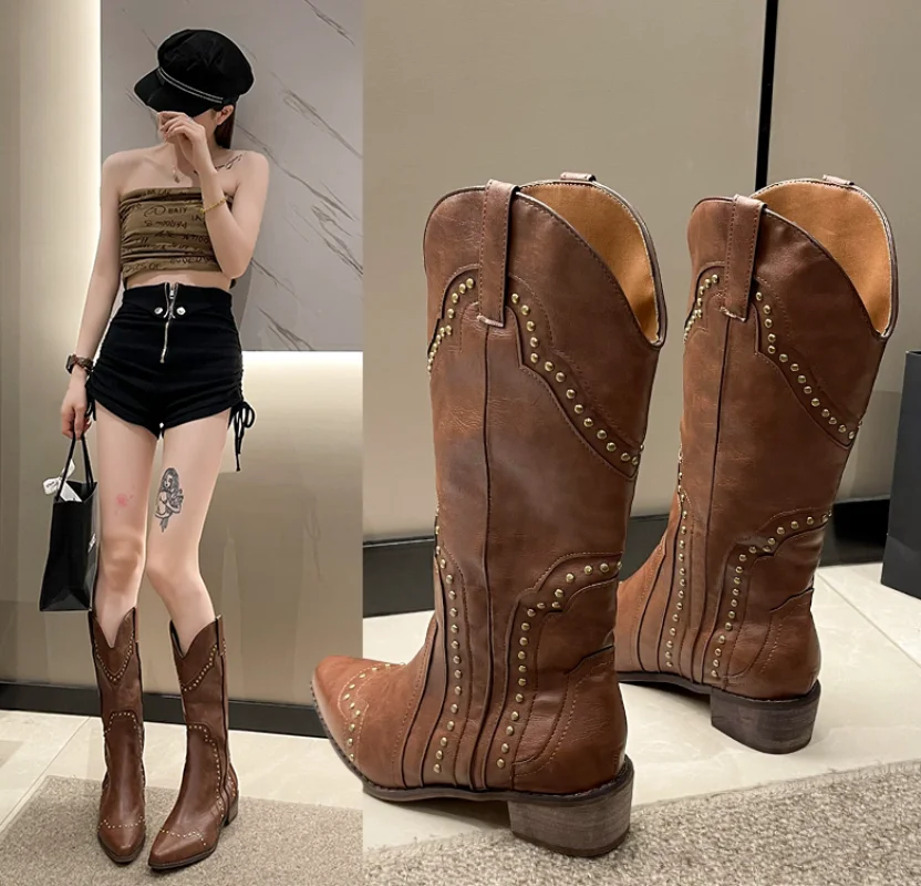 Studded Boots Women 2023 Low Heel Cowboy Chelsea Western Short Leather Knee High Luxury Designer Gothic New Rock Shoes Vintage