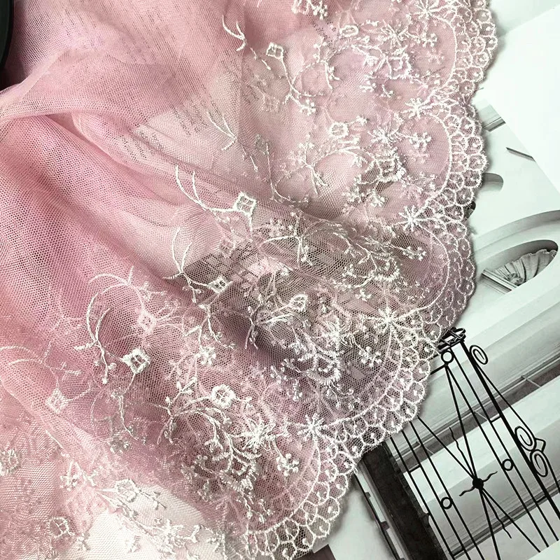 21CM Wide Luxury Tulle Pink Mesh Exquisite Embroidered Floral Lace Ribbon Dress Head Veil Skirts Curtain DIY Crafts Sewing Decor