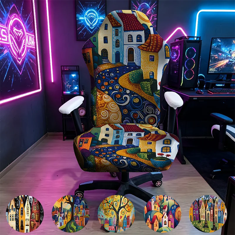 Starry moon night town village pattern e-sports chair cover, high elastic e-sports office chair cover