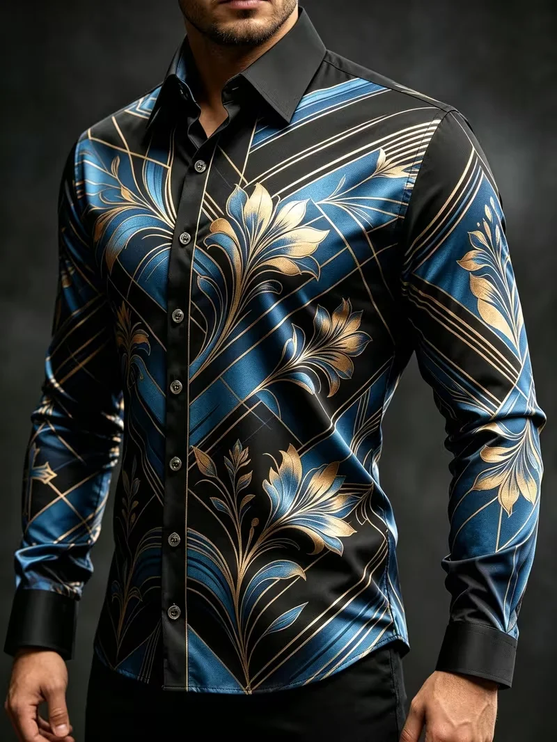 

New Light Luxury Retro Shirt Black Bottom Mirror Gilded European Curly Grass Art Printed Long Sleeve Shirt