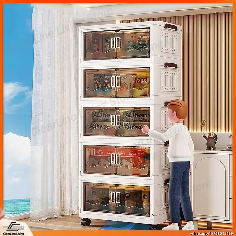 5-Tier Stackable Folding Storage Bins with Lids Plastic Organizer Boxes for Living Room Bedroom Wardrobe Closet Office