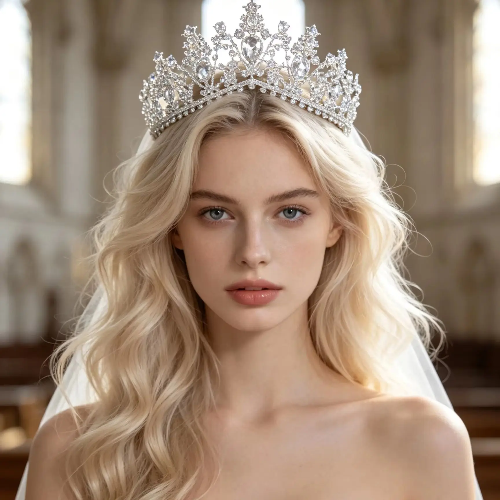 1 Piece of Vintage Silver-White Multi-Layered Oval Crystal Crown, Light Luxury Banquet Hall Indoor Wedding Bridal Accessory