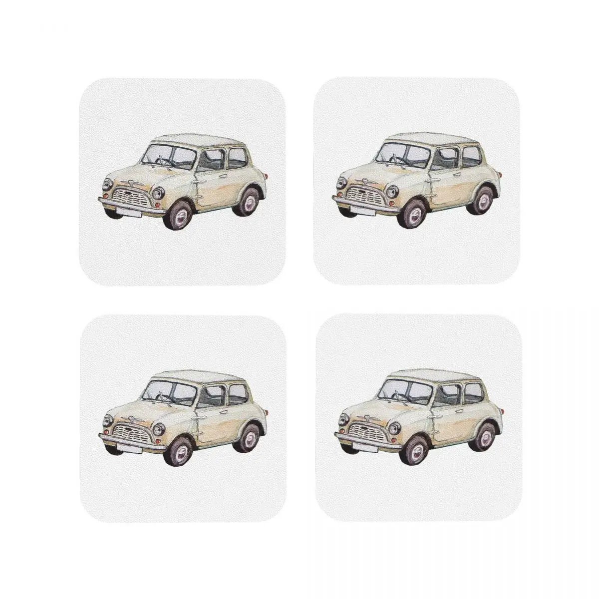 

Classic White Mini Cooper In Watercolor Style Coasters Kitchen Placemats Insulation Cup Coffee Mats Tableware Pads Set of 4