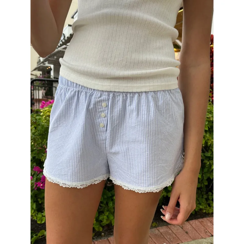 

Y2k Lace Bowknot Blue Shorts Stripes Patchwork Buttons Decor Short Pants Casual Elastic Waist Shorts Loose Sleep Short For Women