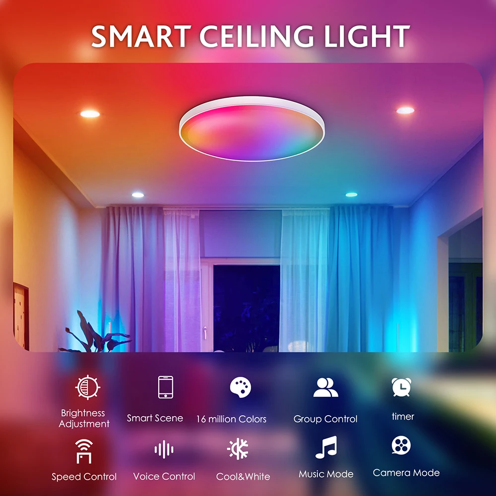 Inteligentna lampa sufitowa LED RGBWW Wifi Magic Home App Sterowanie głosowe do sypialni Panel do salonu Światła Praca z Alexa Google Home