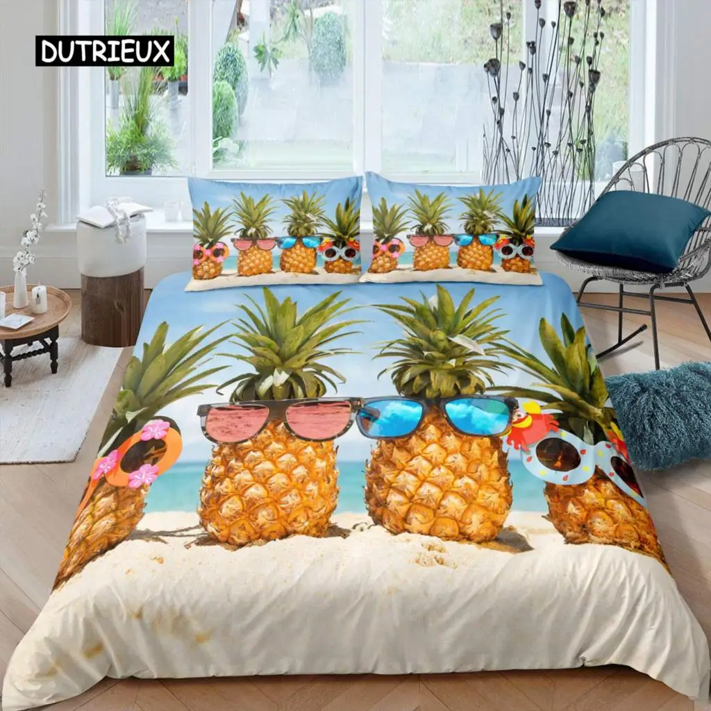 

Pineapple Duvet Cover Set King Size Yellow Geometric Pineapple Bedding Set Seaside Beach Theme Fruit Printed Comforter Cover