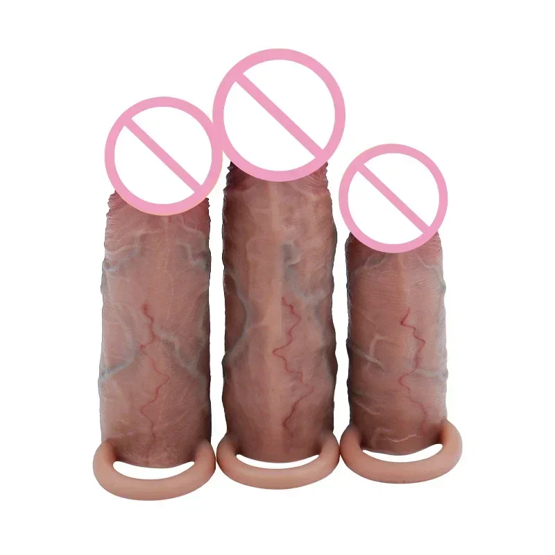 Realistic Penis Sheath Reusable Silicone Condom Cock Extension Sex Toys Artificial Dick Enlargement Extender Men Penis Sleeve