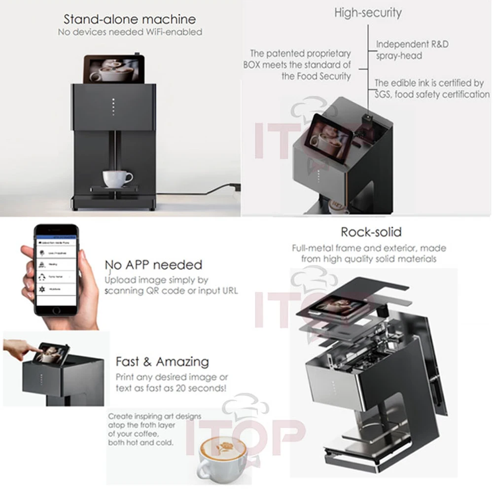 ITOP Coffee Pattern Printer Latte Art Printing Machine Edible Ink Cartridge WIFI Connection Food Caramel Printer 110V-240V