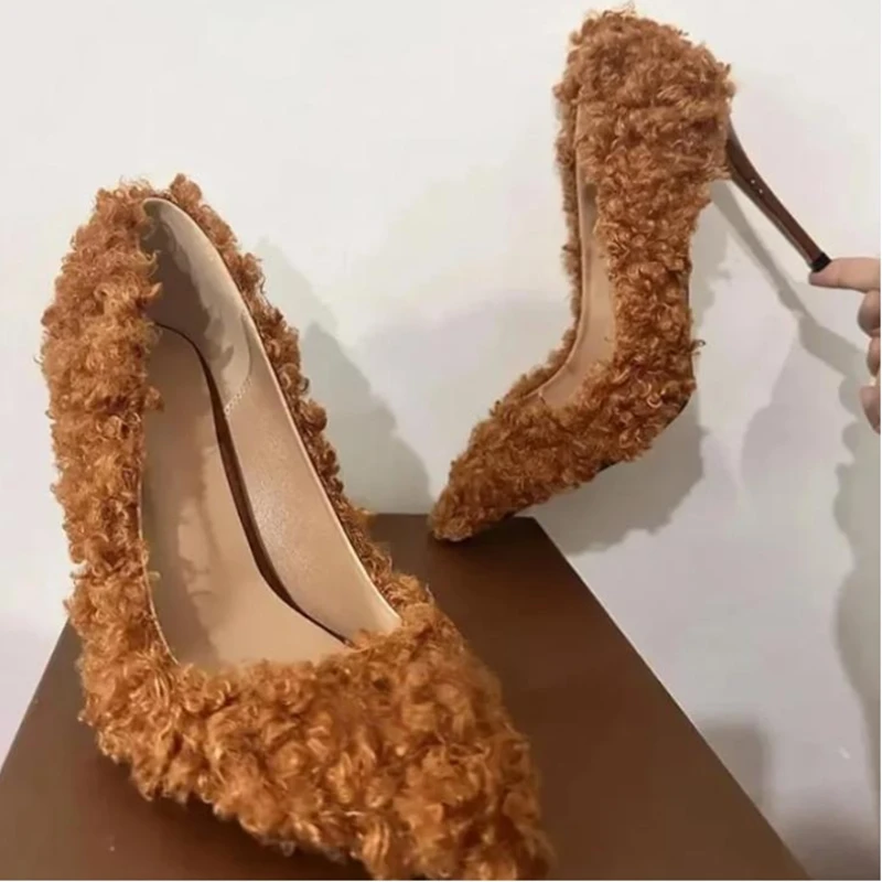 

Brown Curly Fur High Heel Pumps Slip On Shallow Pointed Toe 10Cm Faux Fur Office Lady Party Dress Shoes Blue Green Black