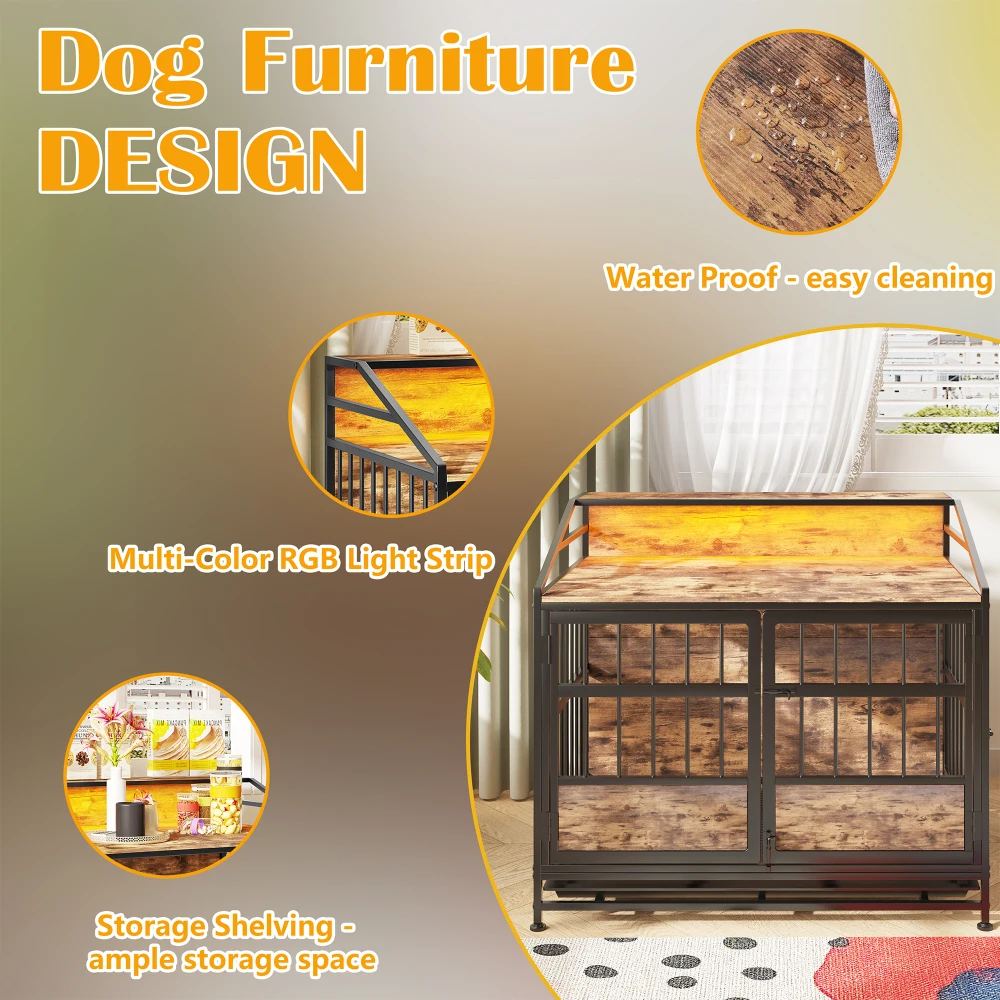 Multi-function Furniture Style Dog Crates with Storage, Dog Crate Furniture Large Wooden Dog Kennel with Double Doors