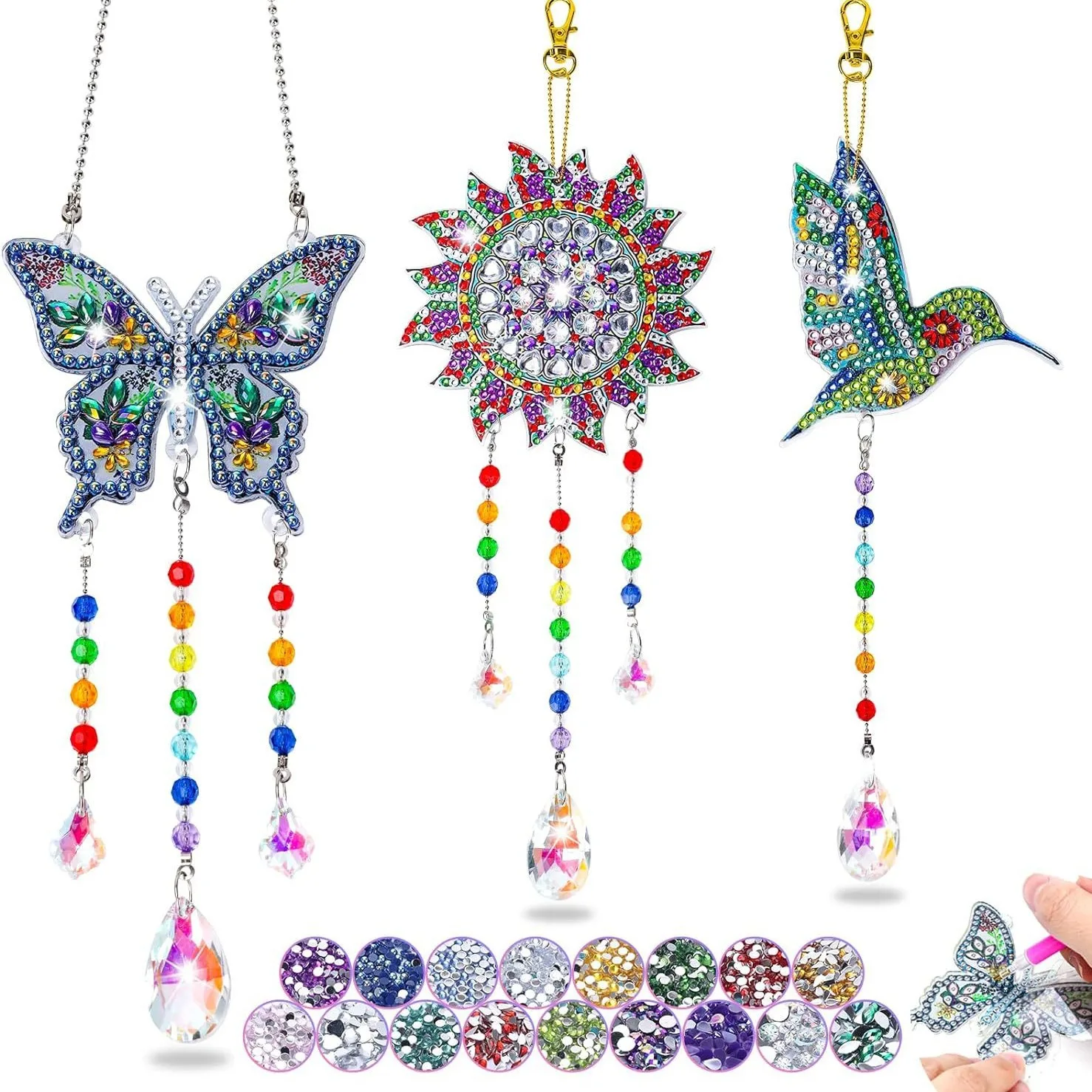 

5D Drill Shek Draw Crystal Pendant Beaded Wind Chimes Double-sided Point Drilling Bee Butterfly Blossoms Acrylic Combination