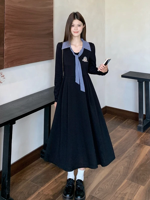 

plus Size College Style Patchwork Long Dress Belted Waist Slimming Design Trendy Tie A-Line Skirt Autumn Winter High Waist