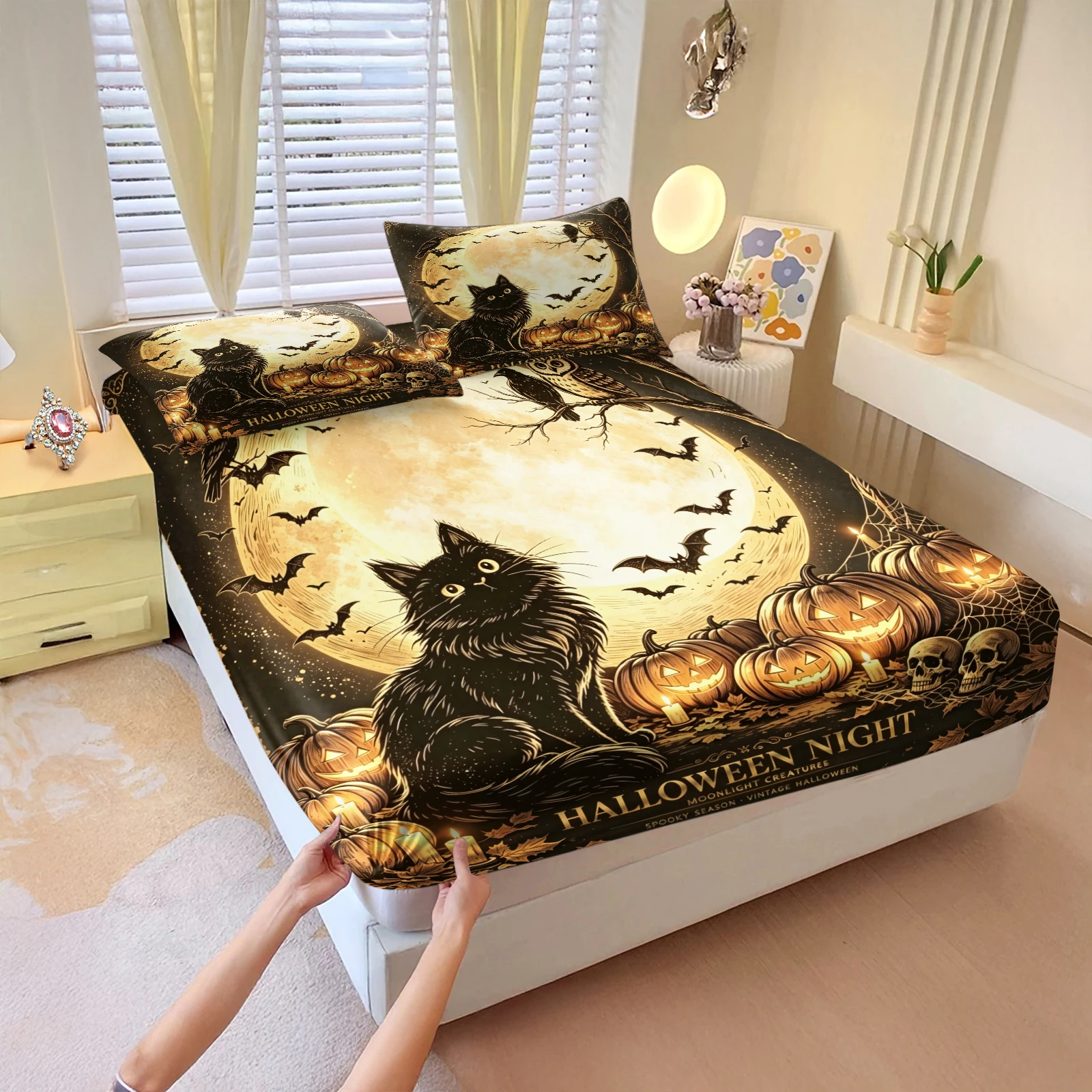 Retro Halloween Night Fitted Sheet Set Elastic Mattress Protector Black Cat Pumpkin Full Moon Skull Owl Print Bedding Pillowcase