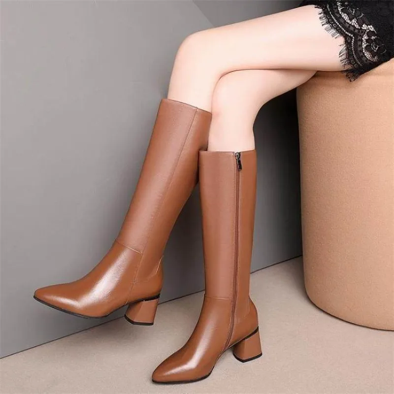 Pointed Toe Long Ladies Boots Winter Knee High Shaft Elegant Heeled Brown Heels Shoes for Women Footwear Gyaru Work Gothic Chic