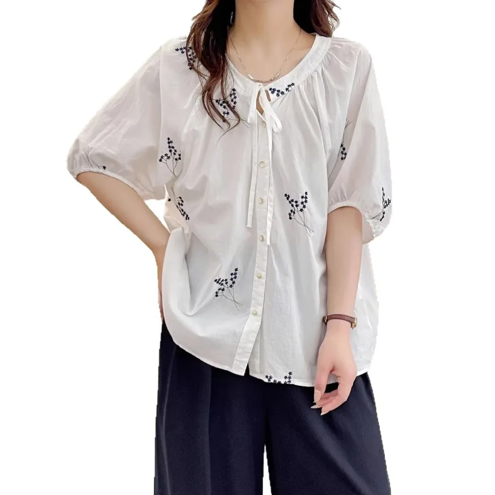 ใหม่2025ฤดูร้อนผ้าฝ้ายครึ่งแขนเสื้อผู้หญิงOคอเย็บปักถักร้อยLace-Up, Moriสาวภาษาฝรั่งเศสคําRetroหลวมตุ๊กตาเสื้อt56287CC