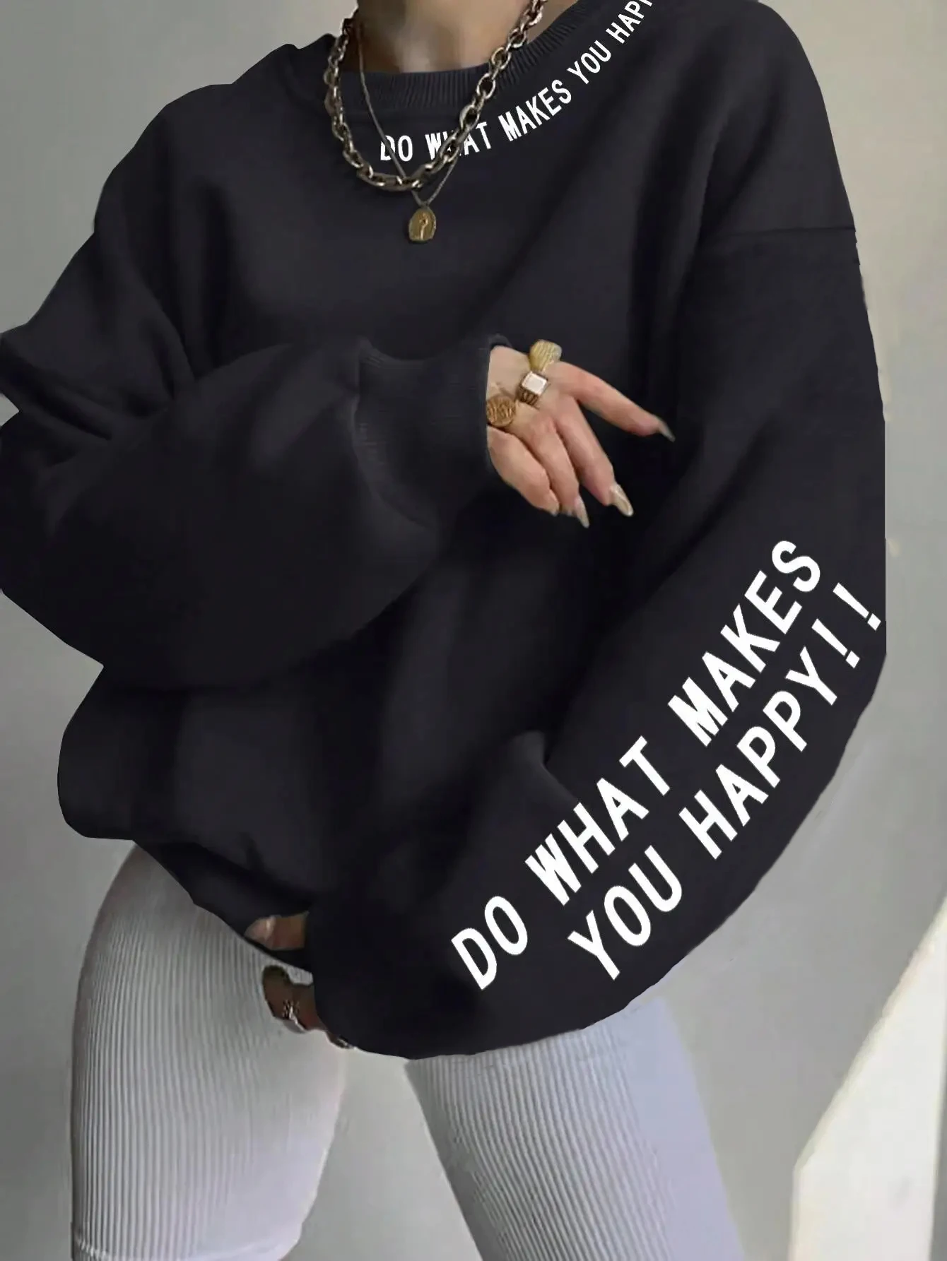Do What Makes You Happy Letter Printing Sweatshirt Women Street Pullover Warm Soft Hoodies Loose Crewneck Fleece Odzież damska