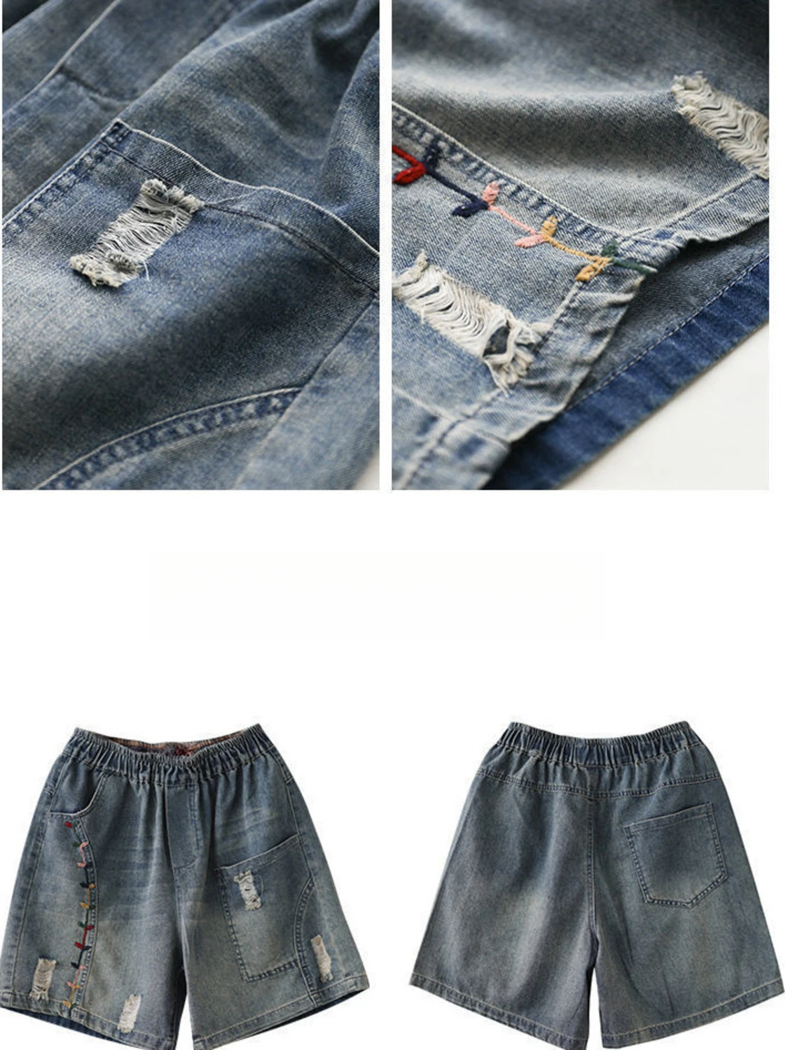 Women Elastic Waist Denim Shorts Ripped Loose Wide Leg Floral Embroidered Pocket Boyfriend Jean Shorts Summer Casual view 6