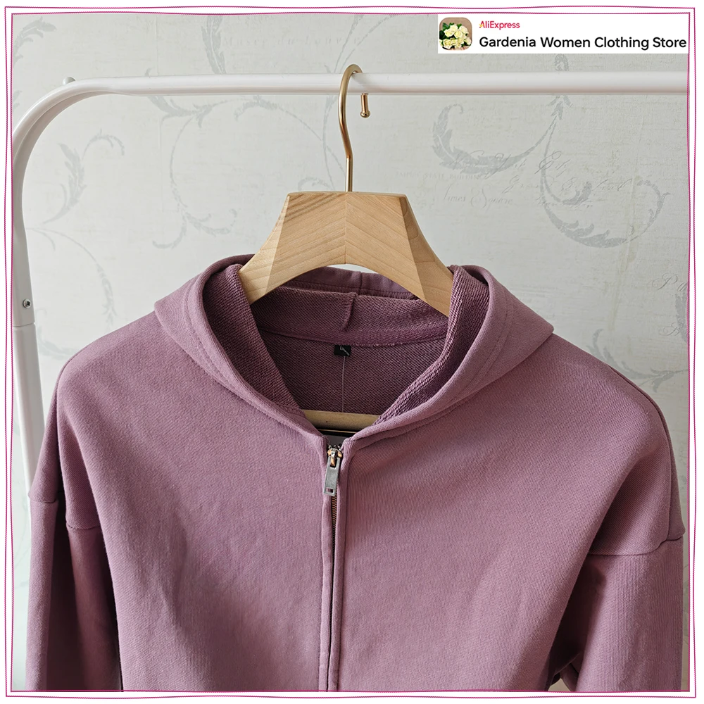Spring & Autumn Matching Sets for Women Relaxtion Cotton Hoodies Set Cropped Zipper Hoodie + Tonal Straight Leg Drawstring Pants view 2