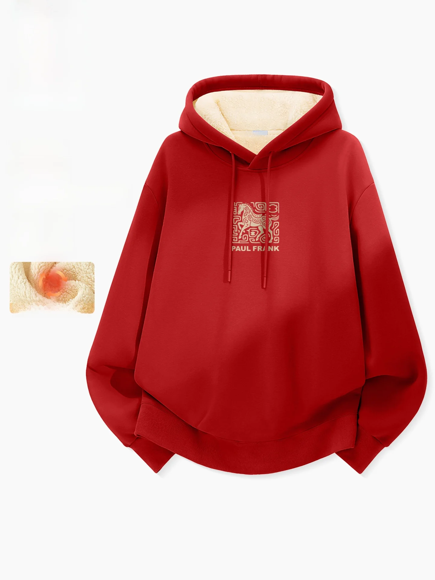 

2026 New Year Fortune Red Fce Lined Hoodie ex Lunar Year Print Long Sve Thermal Comfortable Cotton Polye...