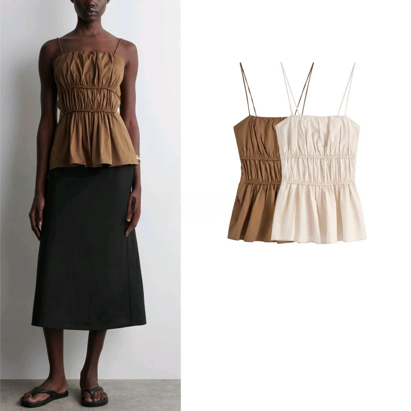 

Summer Women's mat Cotton Stand Fit Pleated Thin Strap Top ZA Polyester Fiber 00% Stand Edition Gown