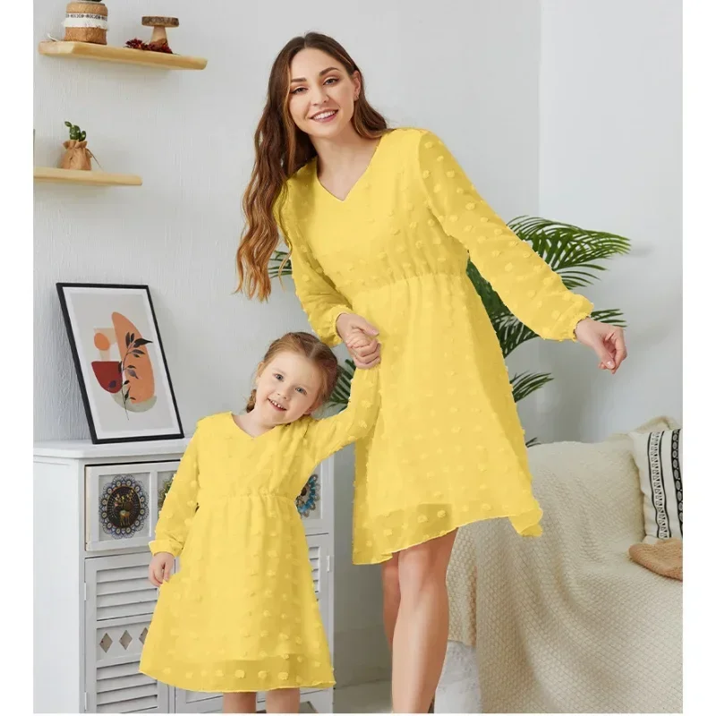 Mother and Daughter Dress Spring Summer Simple Casual Solid Long Sleeve Polka Dot Printing Mom and Daughter Matching Clothes