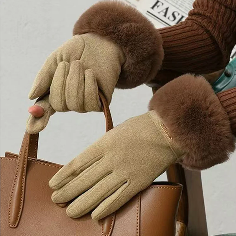 

Женские перчатки из кроличьей шерсти, теплые противоскользящие ветрозащитные женские велосипедные перчатки из плотного бархата, зимние перчатки для езды на открытом воздухе, новинка