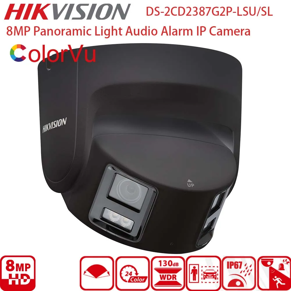 Black Hikvision 4K 8MP Panoramic ColorVu Turret IP Camera DS-2CD2387G2P-LSU/S Security System Double Lens Color Night Vision