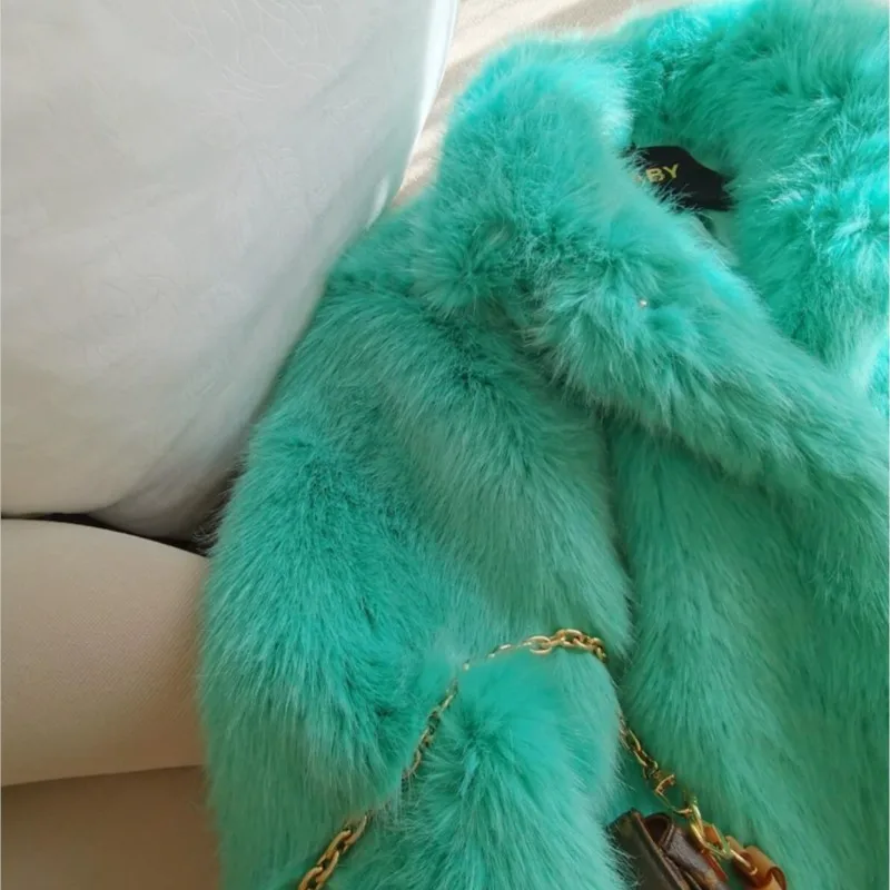 2023 Winter Mint Green Hairy Shaggy Faux Fur Coat The Spice Girls Full Sleeve Furry Warm Jacket Women Short Outercoat