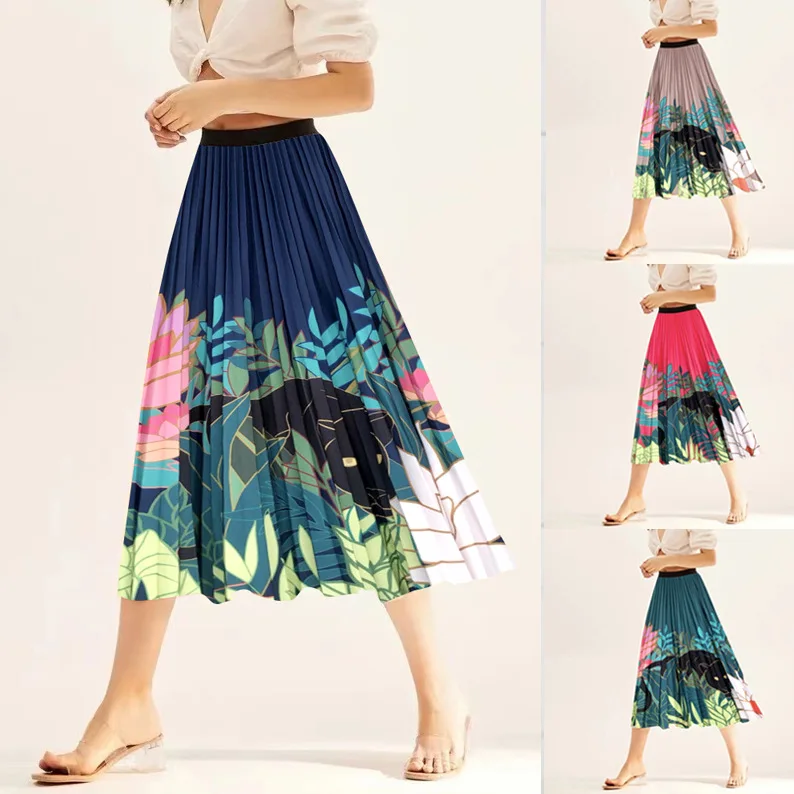 

Nighpha 2024 Summer High Waist Pleated Skirt Leaf Print Long Skirt for Women Elegant Ladies Midi A-line Skirt Big Swing