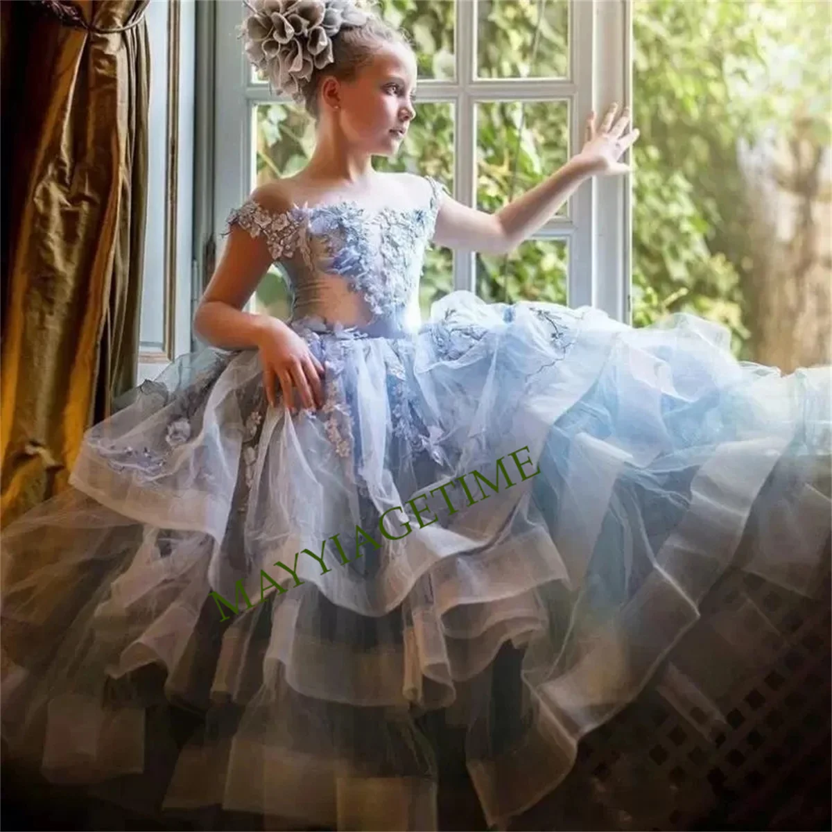 Vestidos de baile con apliques de encaje de princesa, vestido de niña de flores, vestidos de desfile para bodas, vestidos de primera comunión para niñas