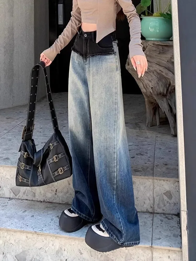 2024 Autumn Korean Y2K 2000s Baggy Pants Women's Casual Retro Wide Leg Emo Denim Trouser Harajuku Solid Blue Loose Jeans