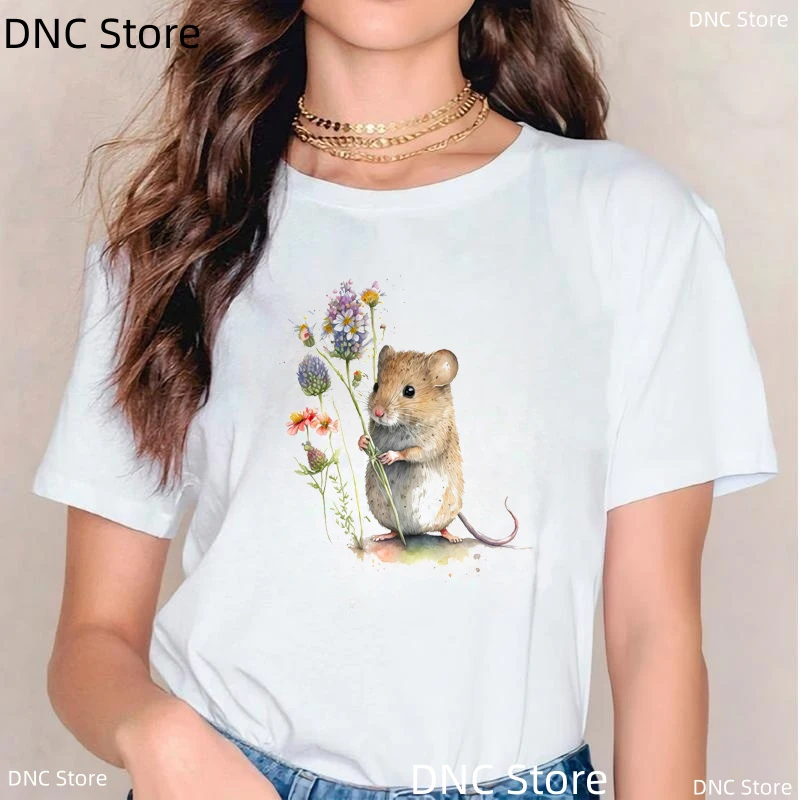 

Tee Shirt Femme Fun Flowers And Hamster Fox Animal Prints Womens T-Shirt Fashion Harajuku 90s Tshirt Summer Women'S Basic Tshirt