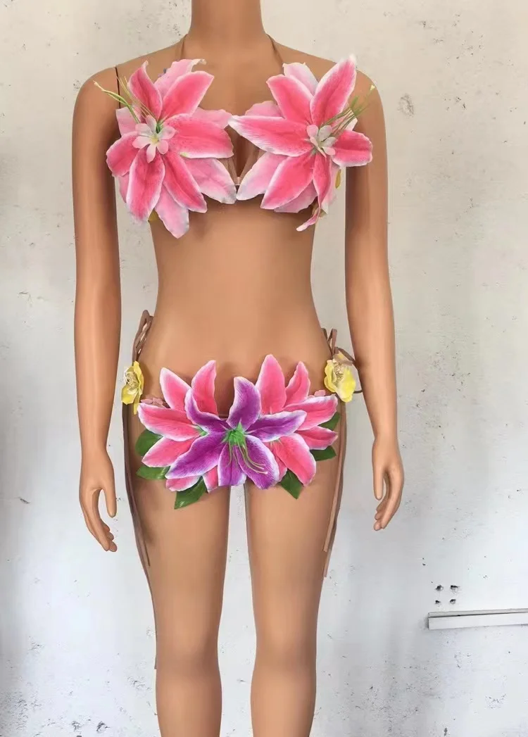 Big Flowers Bikini Sexy Costume Dancer Show 2 Pieces Stage Costume Outfit Evening Prom Party Clothing