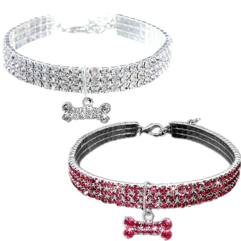 

Luxury Dog Collar 3 Rows Pink White Diamond Bone Pendant Necklace Jewelry Adjustable Collars For Small Dogs Yorkie Pet Supplies