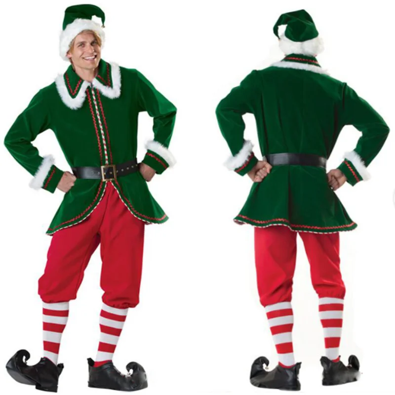 Costume de cosplay elfe vert de Noël pour homme, performance sur scène, fête de luxe