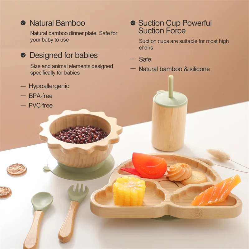 1Set Baby Bamboo Sucker Plates Cups Fork Spoon BPA Free Silicone Non-slip Tableware Children's Feeding Dishes Infant Birth Gifts