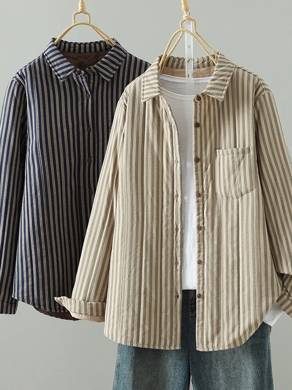 

Женская полосатая хлопковая куртка свободного кроя, тонкая теплая длинная куртка с отложным воротником, корейская повседневная модная маленькая хлопковая куртка