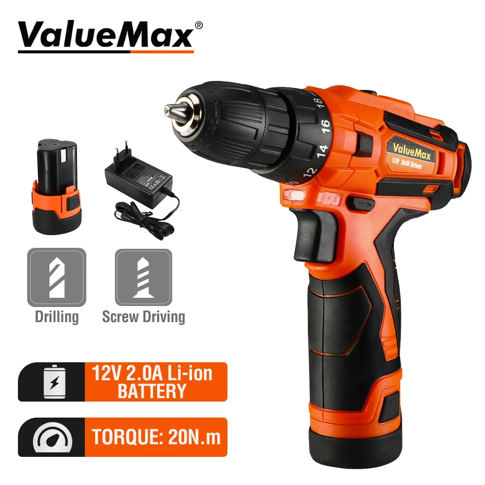 

ValueMax 12V 20NM Electric Drill With 37pc Tool Set Cordless Drill Impact Screwdriver Adjustable Speed Wireless Electric Power