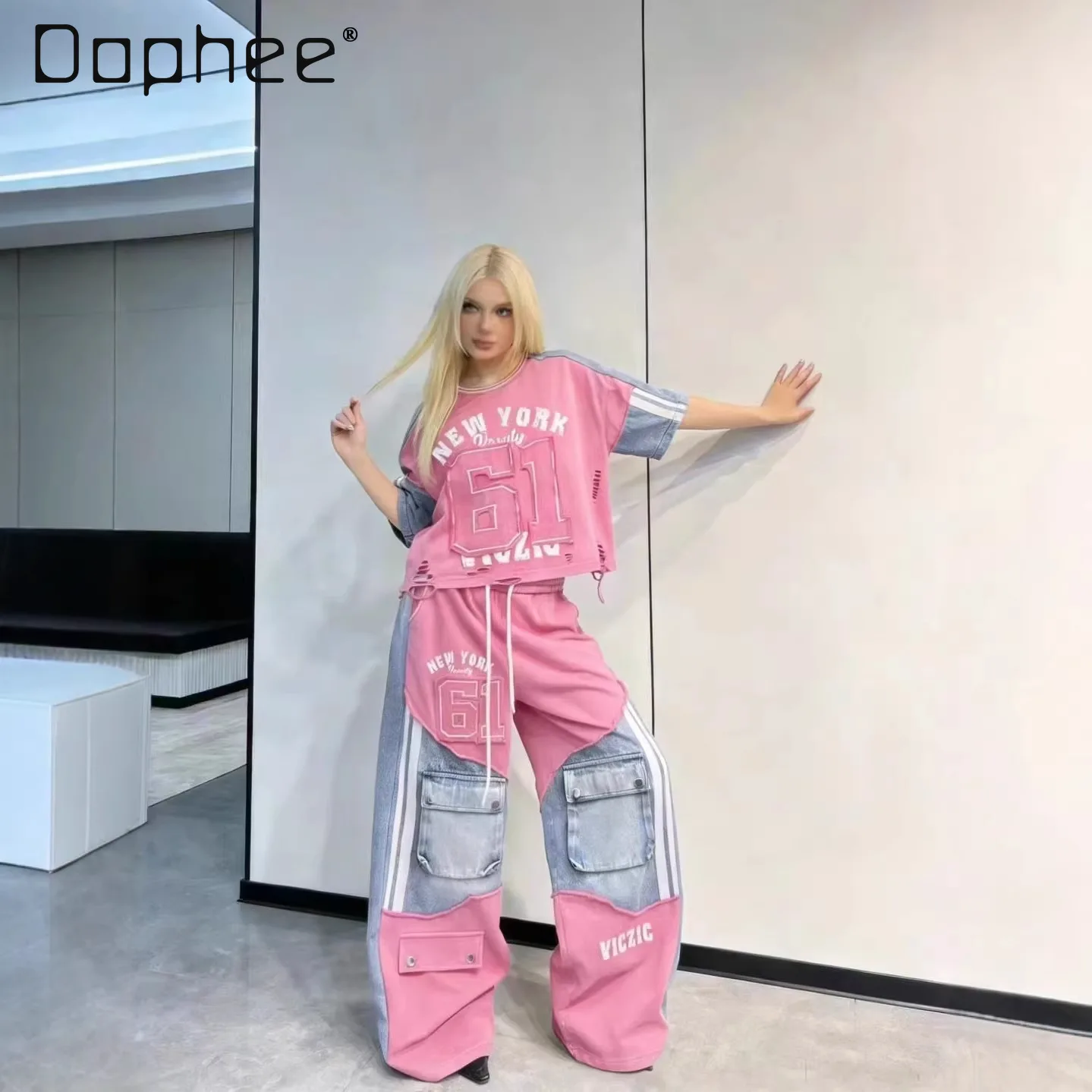 

European Casual Suit Women's 2026 Spring and Summer New Letter-printed Trousers Denim Splicing Ripped Short-sleeved Top