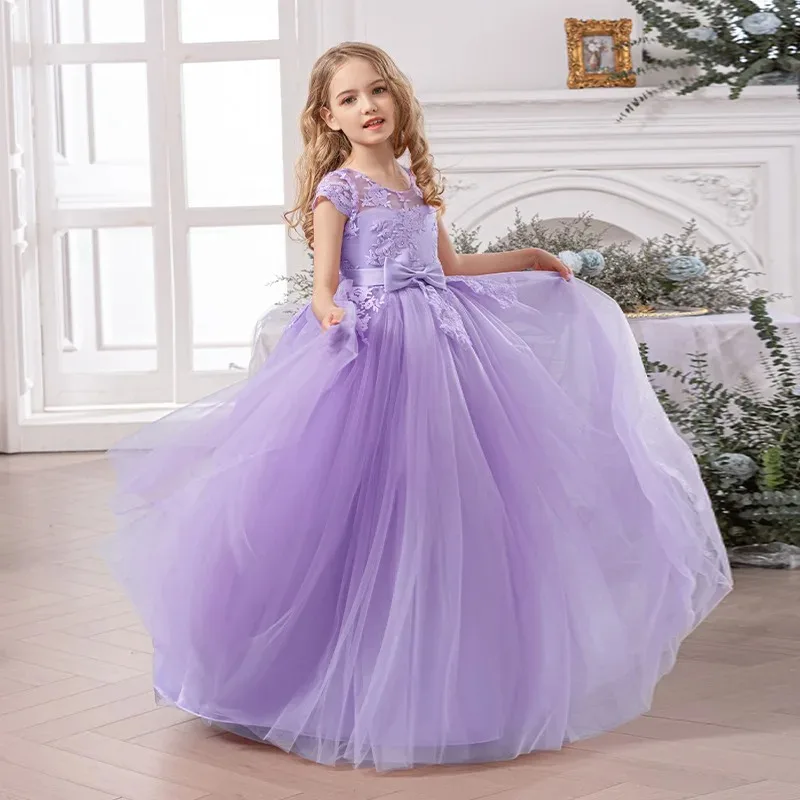 Girl Evening Dress Off-Shoulder Princess Elegant Teenager Girls Dress For Wedding Piano Performance Formal Children Lace Dress