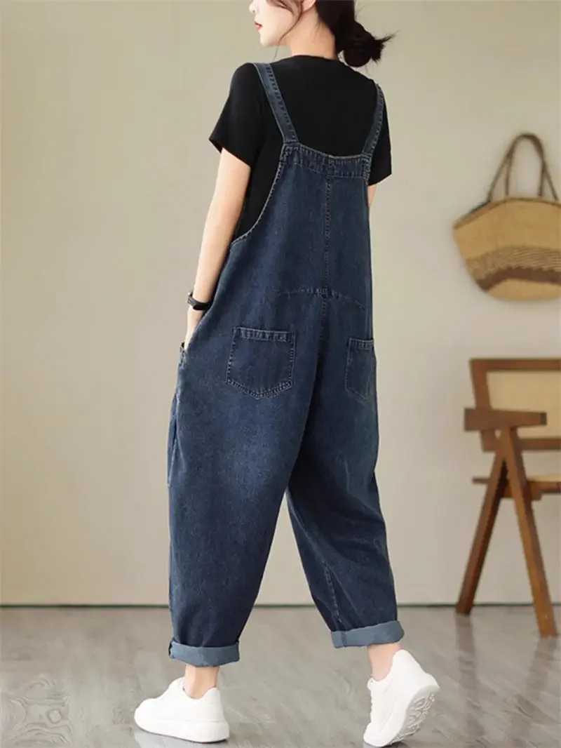 Autumn Women's Denim Jumpsuit 2024 New Literary And Artistic Oversized Loose Slimming Suspender Design Strap Jeans Overall