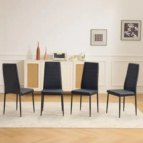 Dining Chairs Set of 4, PU Leather & High Back, Black | Black kitchen chairs with padded seats & foot cap protection