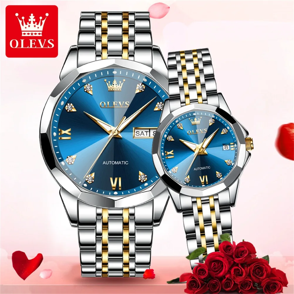 OLEVS 9982 Rhombus Mirror Mechanical Couple Watch For Men Women Roman Scale Luxury Hand Clock Waterproof Fashion Automatic Watch