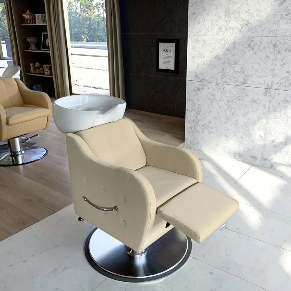 Modern ceramic basin and metal frame shampoo chair with salon washing station