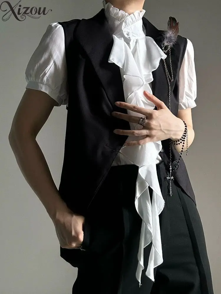 Vintage Court Style Three Piece Outfit Ruffle Shirt Waistcoat Straight Pants Neutral Gothic Prince Lolita Suit Spring Autumn