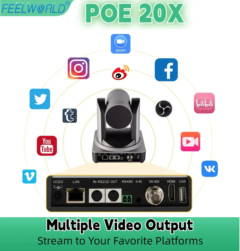 

FEELWORLD POE20X Webcam Simultaneous 20X Optical Zoom HD Autofocus Meetings Video PTZ Camera Multiple Video Output 1080P60fps