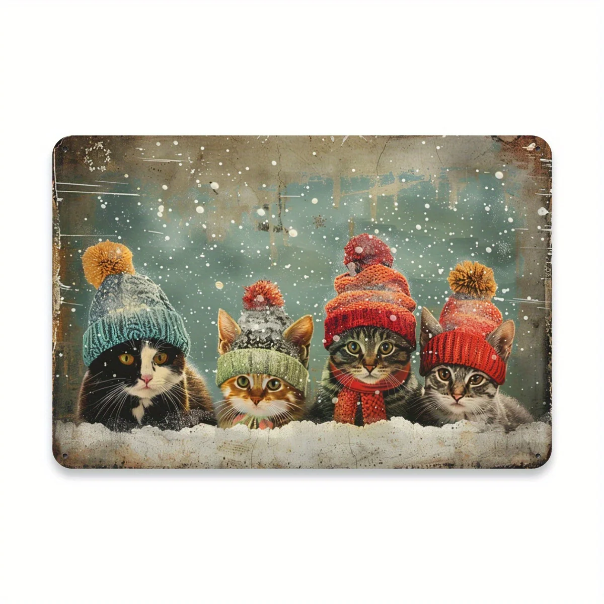 Vintage Metal Tin Sign Featuring a Winter Cat, Measuring 12.0X8.0inch, Perfect for Wall Art Decoration in Homes, Kitchens, Ga