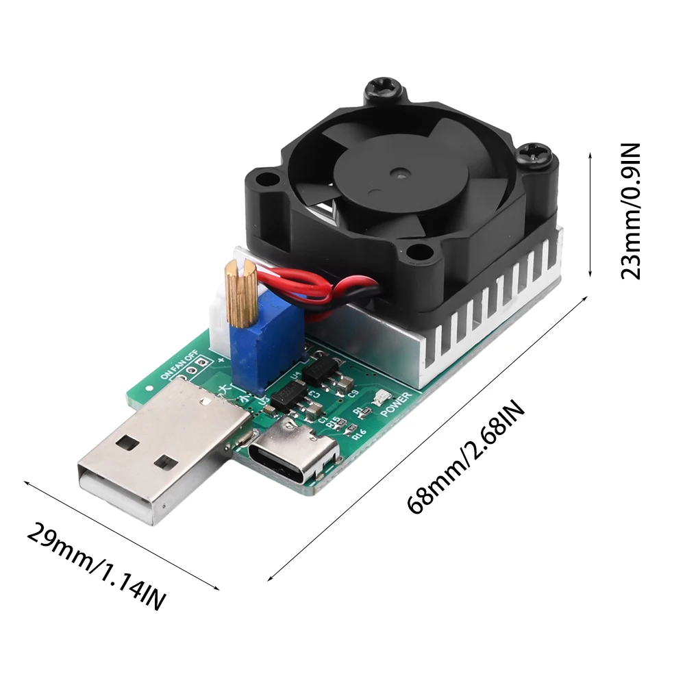 18W/22.5W 3.7V~13V Electronic Load Power Discharge Tester USB/Type-C 0.15A~3A Adjustable Resistor Test Module with Cooling Fan