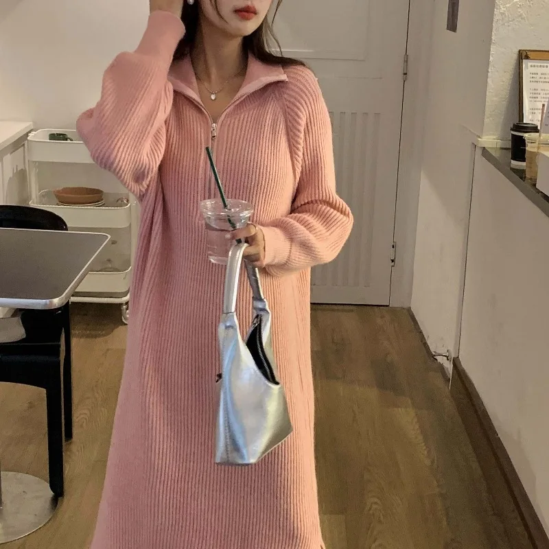 

Women's Knitting Dress 2025 Autumn Winter Turtleneck Knit Dress Zip Up Thickened Mid Length Over Knee Loose Inner Wear
